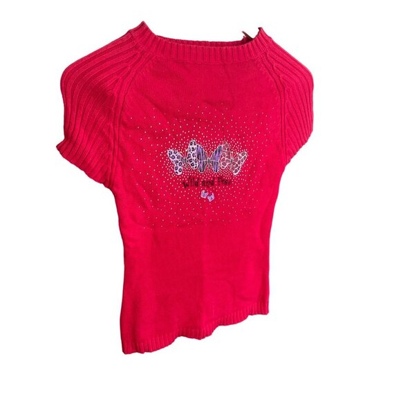 Wild and Free Red Baby Doll Cropped Fitted Short Sleeve Butterfly Sweater - Picture 3 of 9
